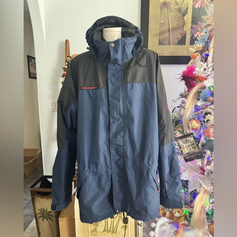 Mammut Men’s Large Hooded Technical Jacket Blue Black Fleece Lined Outdoor Coat